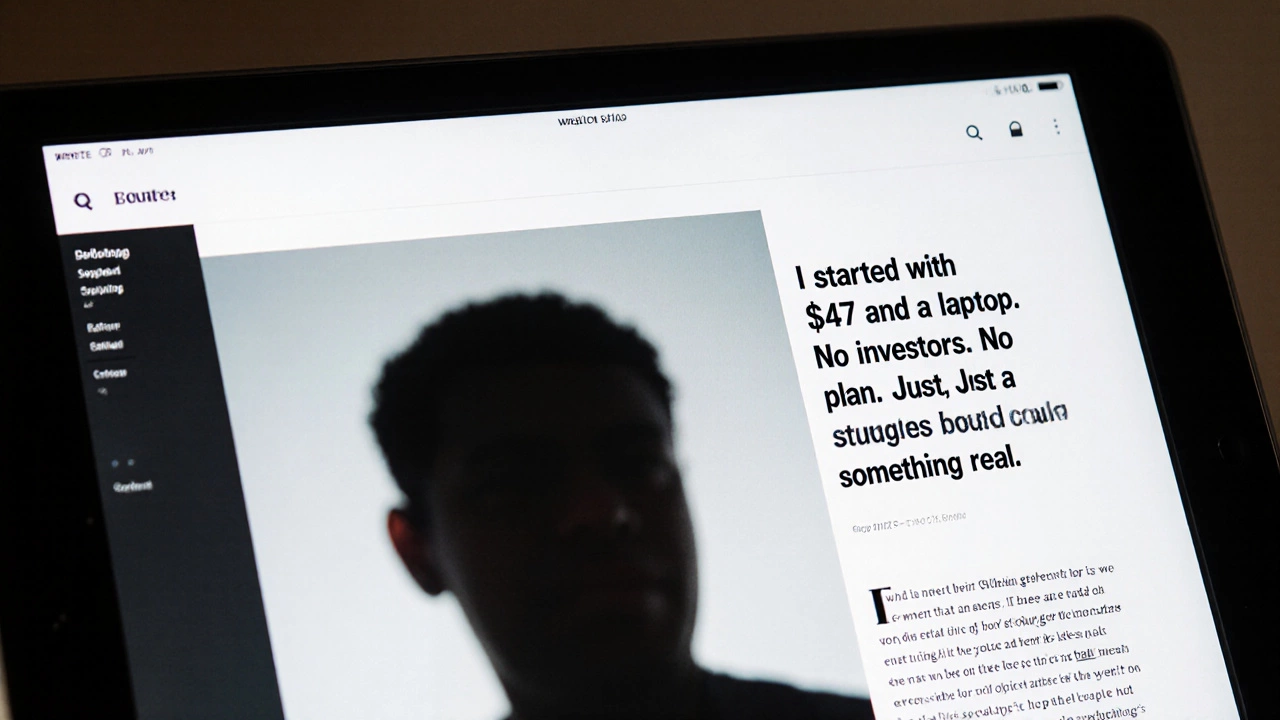 A bold pull quote stands out on a tablet screen, surrounded by blurred text and a reflective face.