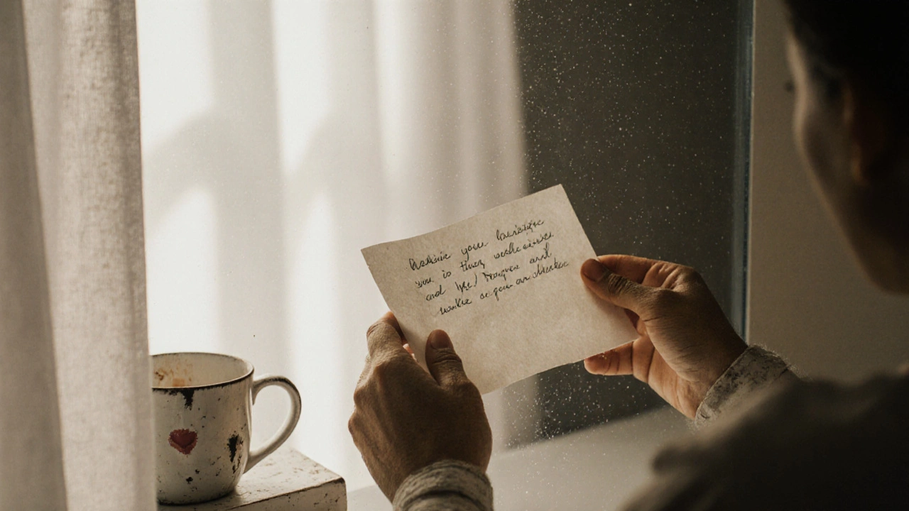 A handwritten note placed on a fogged bathroom mirror beside a chipped coffee mug.