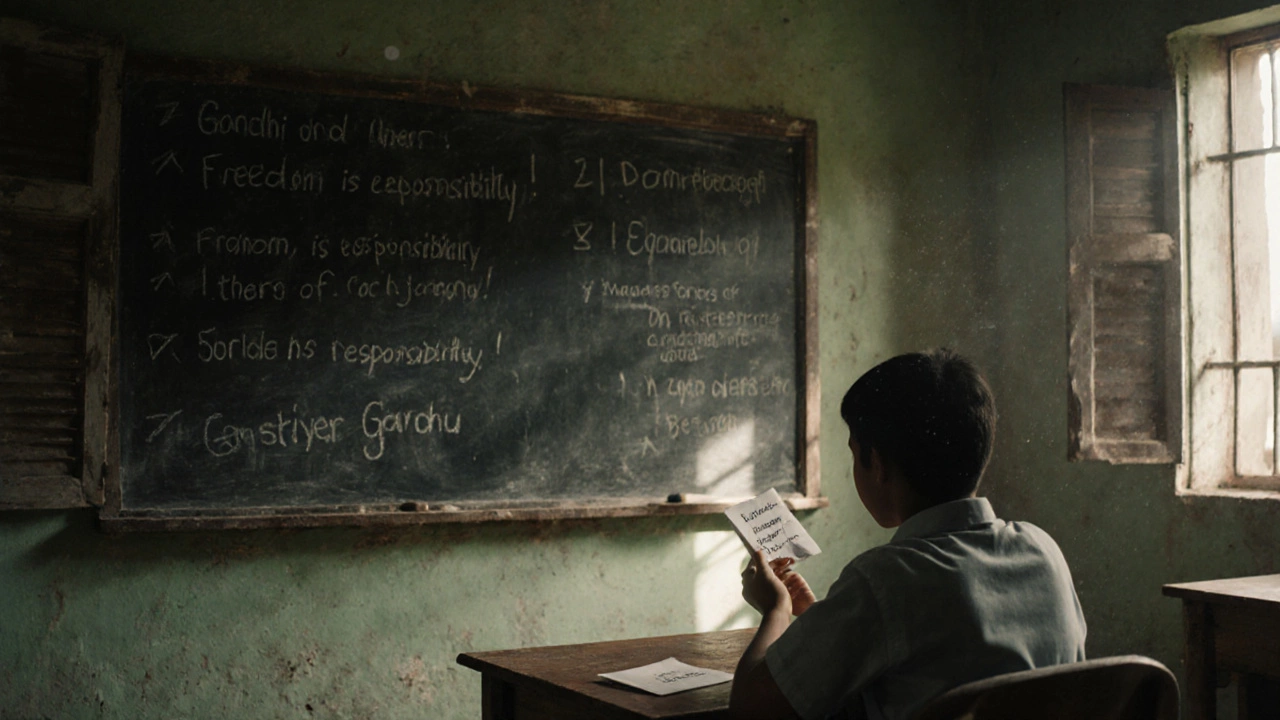A student in an old classroom gazing at handwritten quotes about freedom on a blackboard.