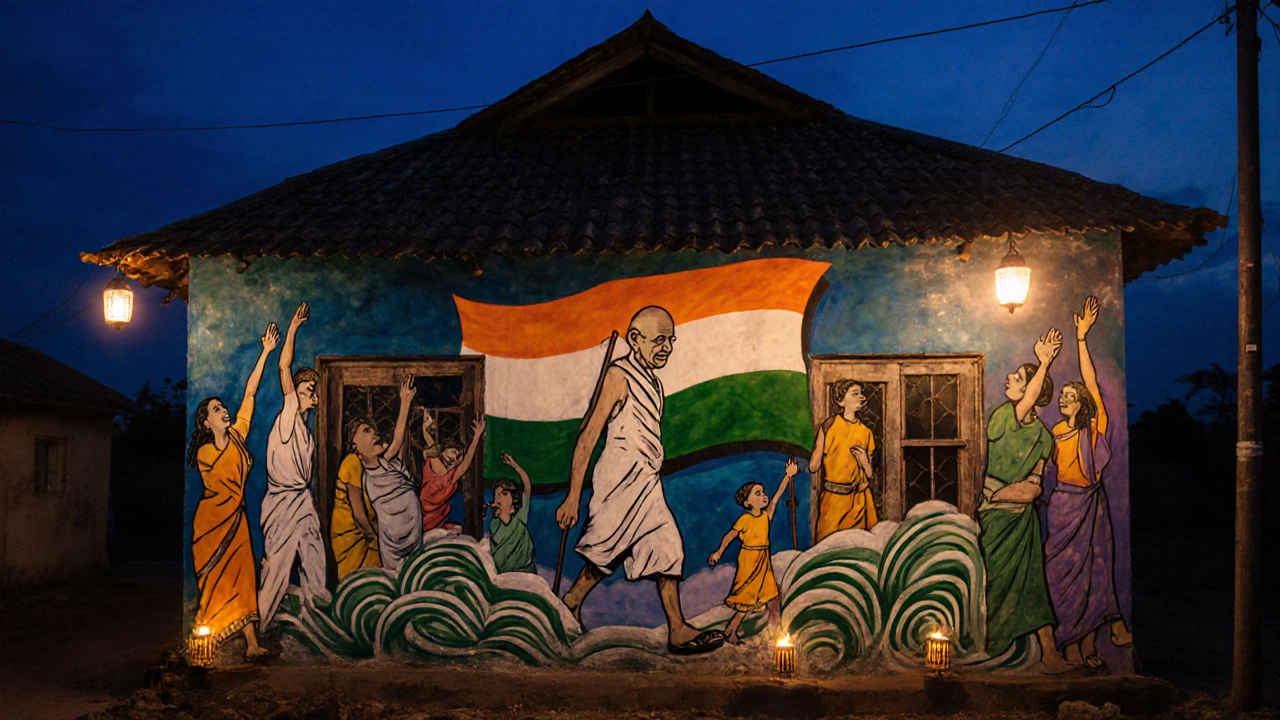A vibrant mural of Gandhi walking with a crowd, the Indian flag flowing like wind behind them.