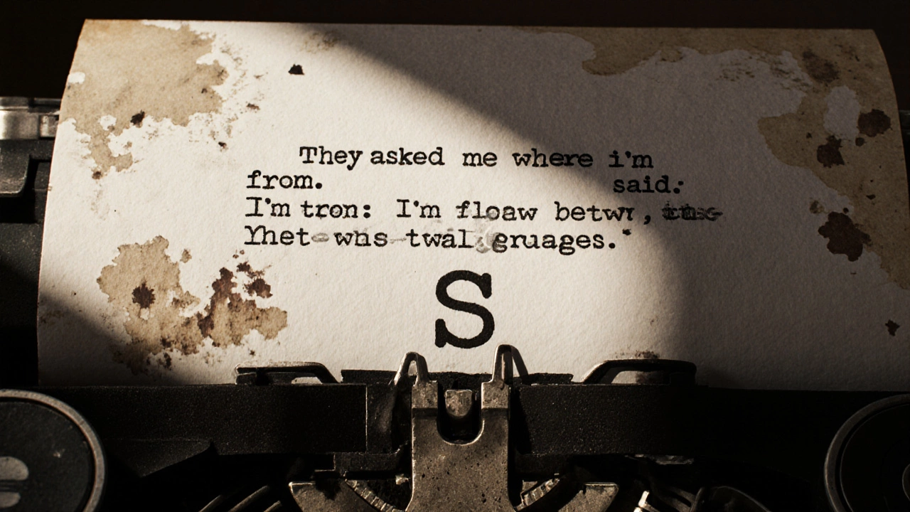 A vintage typewriter prints a raw, emotional quote on crumpled paper with soft daylight.