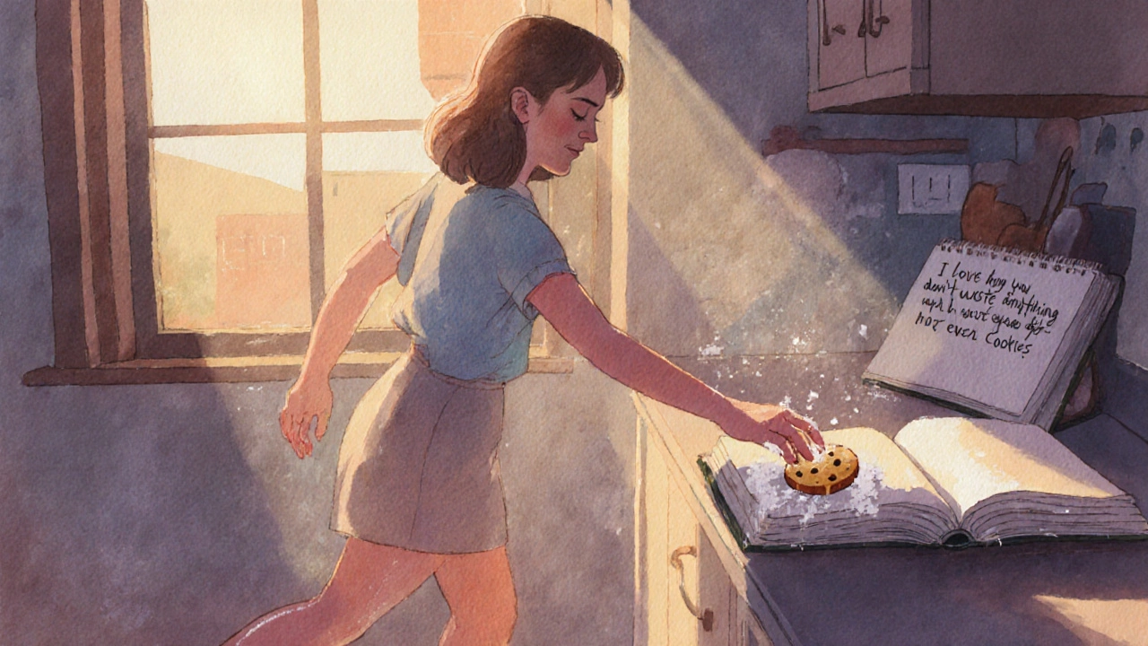 A woman hums in her kitchen at dawn, sunlight catching flour on her fingers as a cookie rests nearby.