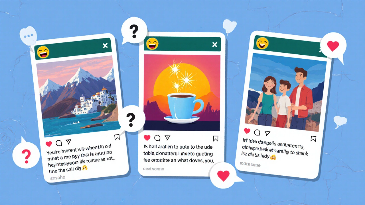 Collage of five WhatsApp posts showing different caption styles and emojis.
