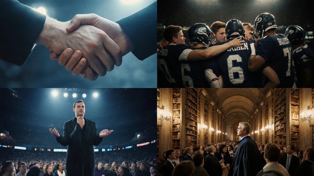 Collage of hands, sports team, speaker, and scholars illustrating stronger bonds.