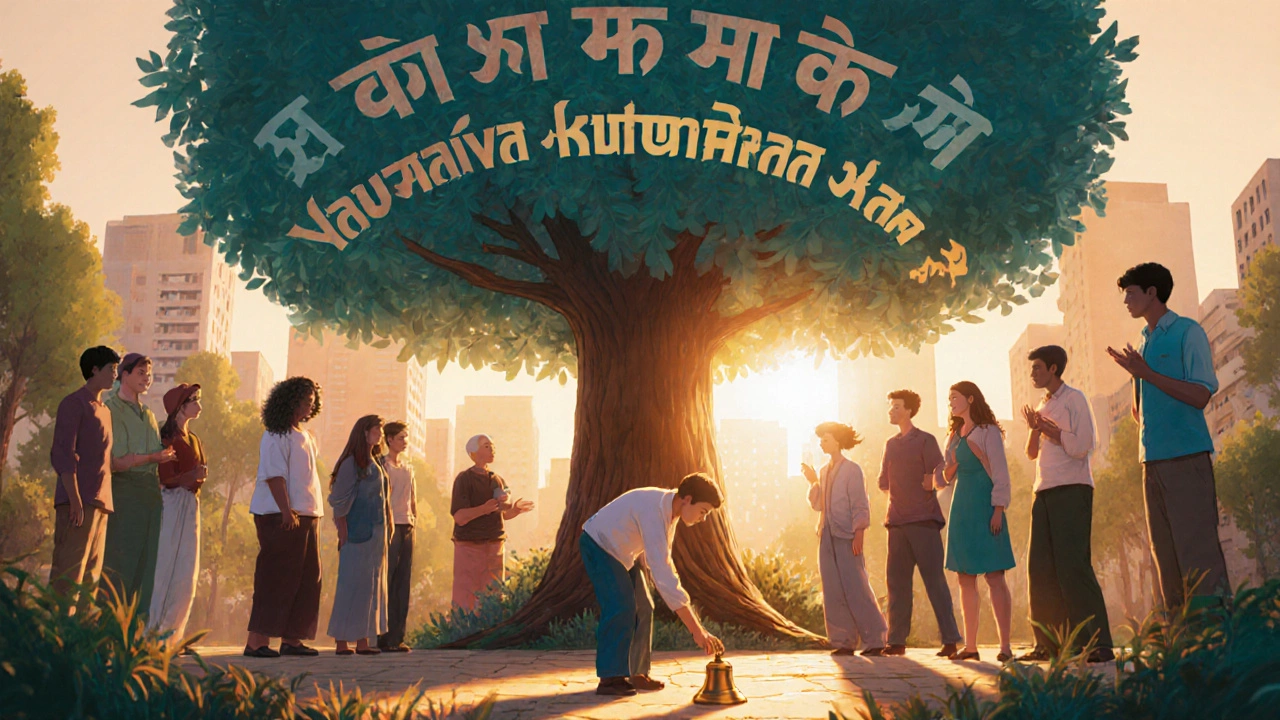 Community garden scene with diverse people around a tree displaying Sanskrit peace text.