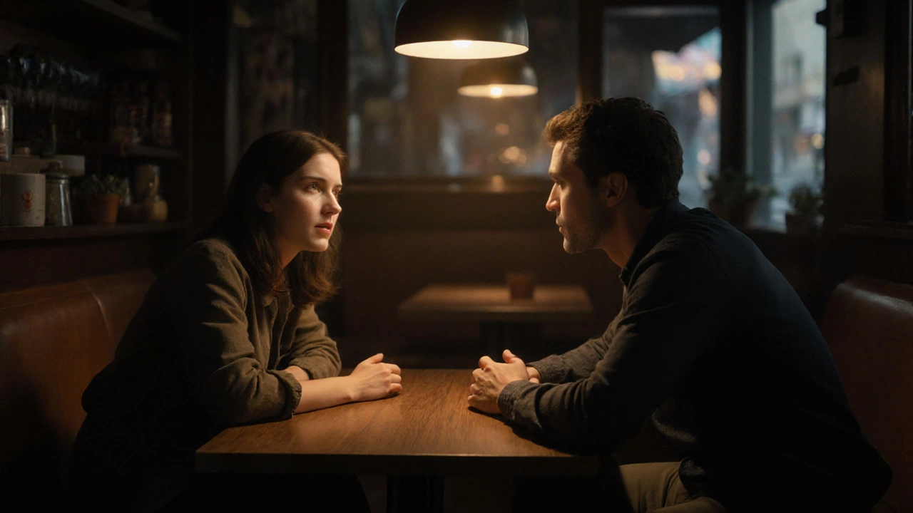 Couple in a coffee shop, maintaining eye contact while one listens attentively.