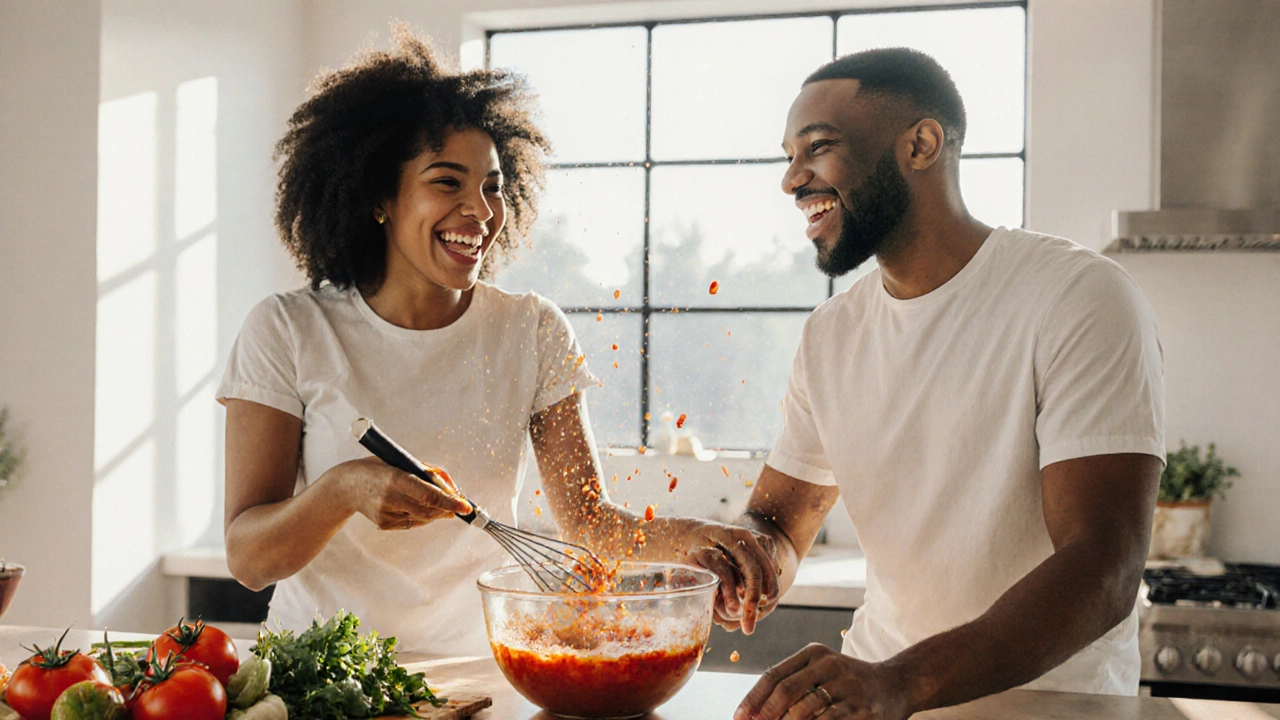 Couple laughing in a cooking class, sharing a playful moment with light touch.