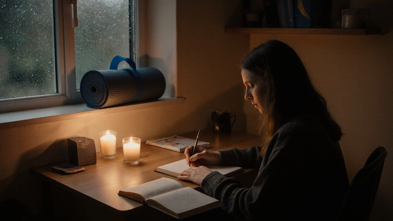 Cozy home office with person journaling, open self‑help book, and candlelight.