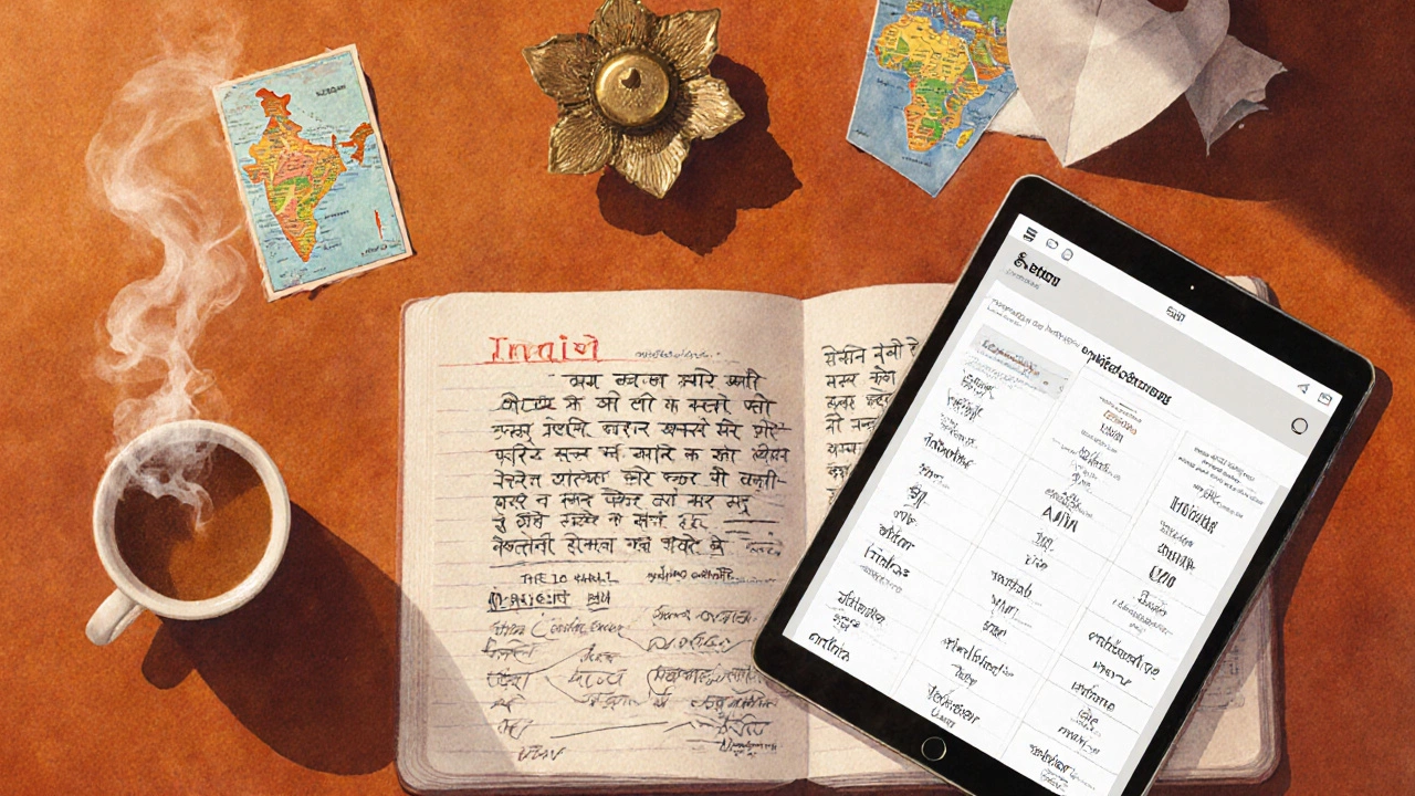 Desk flat lay with notebook, tablet showing phrase table, and chai.