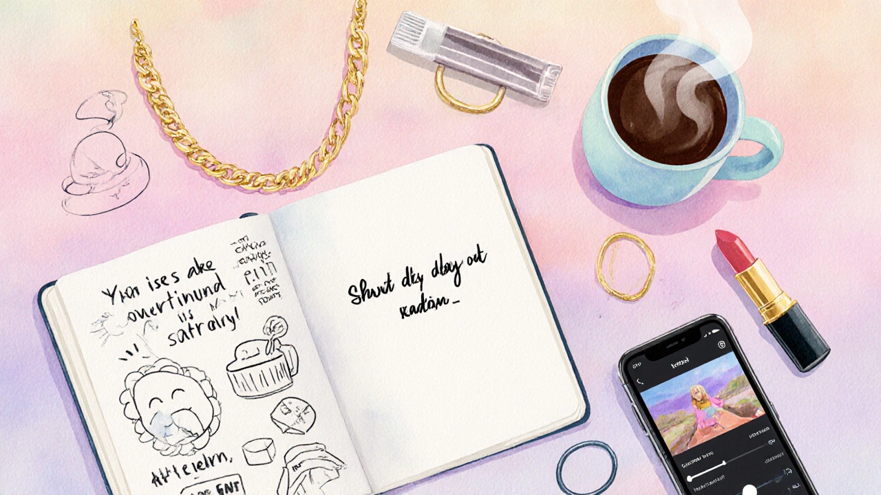 Flat lay of a journal, cosmetics, phone and coffee, suggesting quote creation.