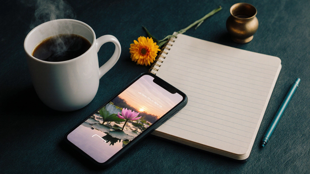 Flat‑lay of coffee mug, notebook, smartphone, and marigold on a dark surface.