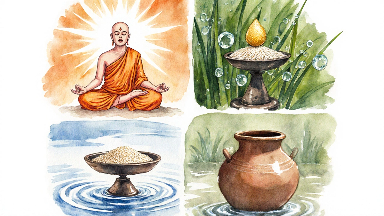 Four watercolor vignettes showing yoga, rice on scale, dew on grass, and an open pot.