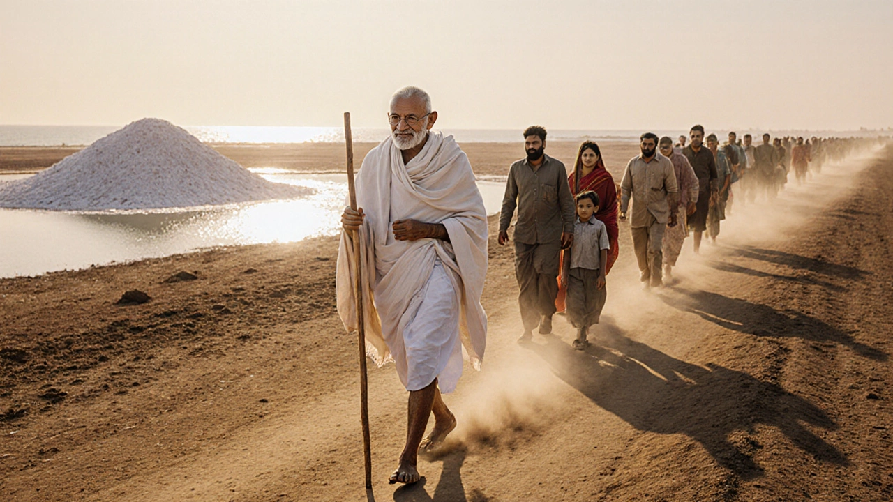 Gandhi leading the Salt March across a sunny desert with followers.