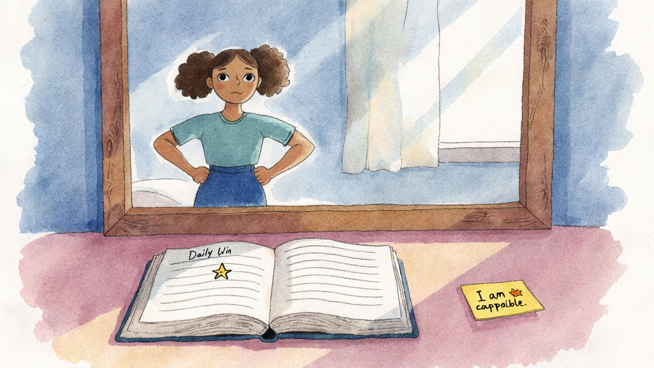 Girl in a power pose beside a mirror, journaling a daily win in a cozy bedroom.