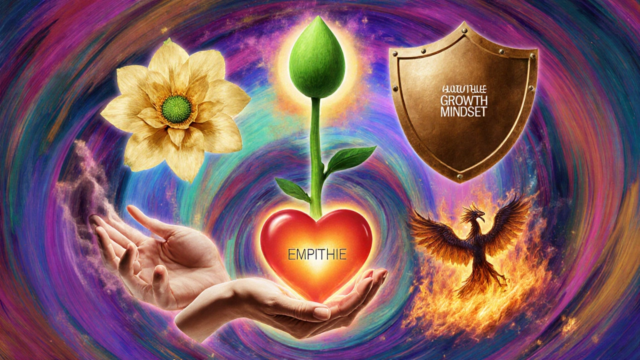 Illustration of five interlocking symbols representing gratitude, growth, confidence, empathy, and resilience.