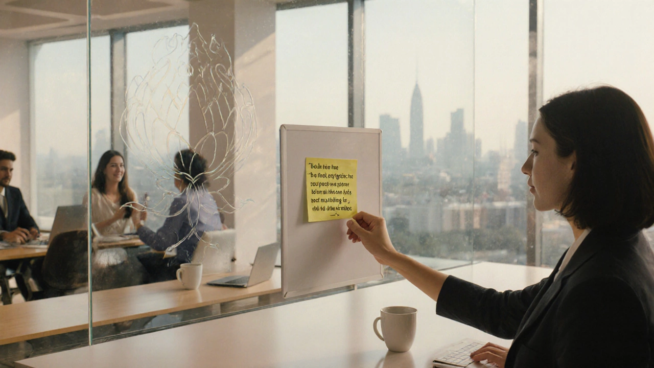 Modern office scene with a person placing a sticky note on a whiteboard, colleagues chatting, Indian lotus motif in background.