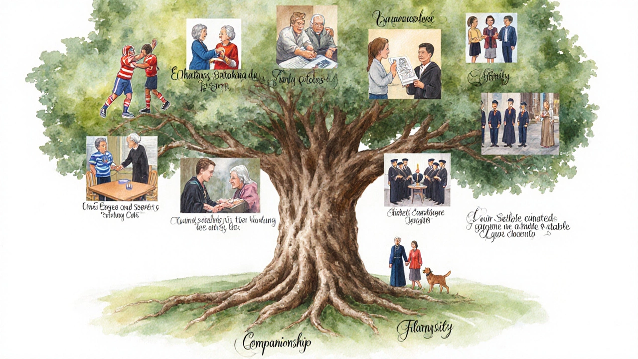 Oak tree branches showing scenes of camaraderie, bond, affinity, rapport, and more.