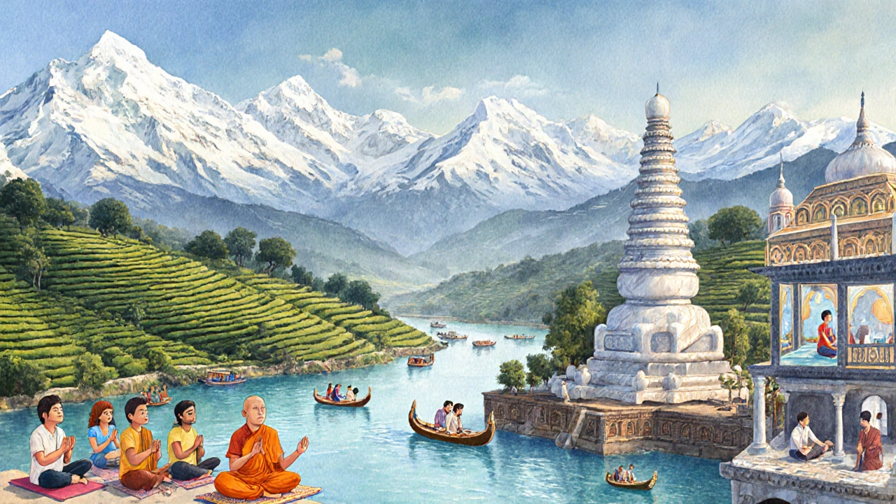 Panorama showing Himalayas, Kerala backwaters, yoga by the Ganges, and a Bengaluru tech hub.