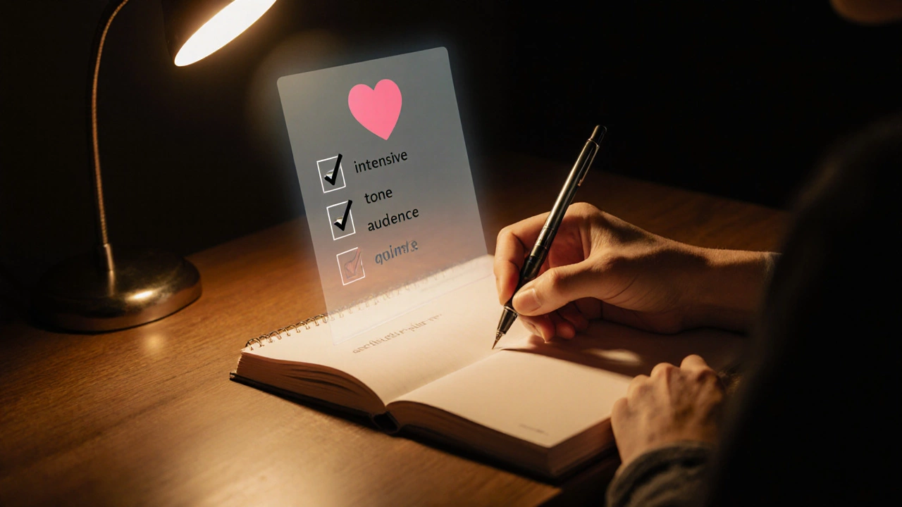 Person at a desk under a lamp, holding a glowing pen above a notebook with a faint heart aura.