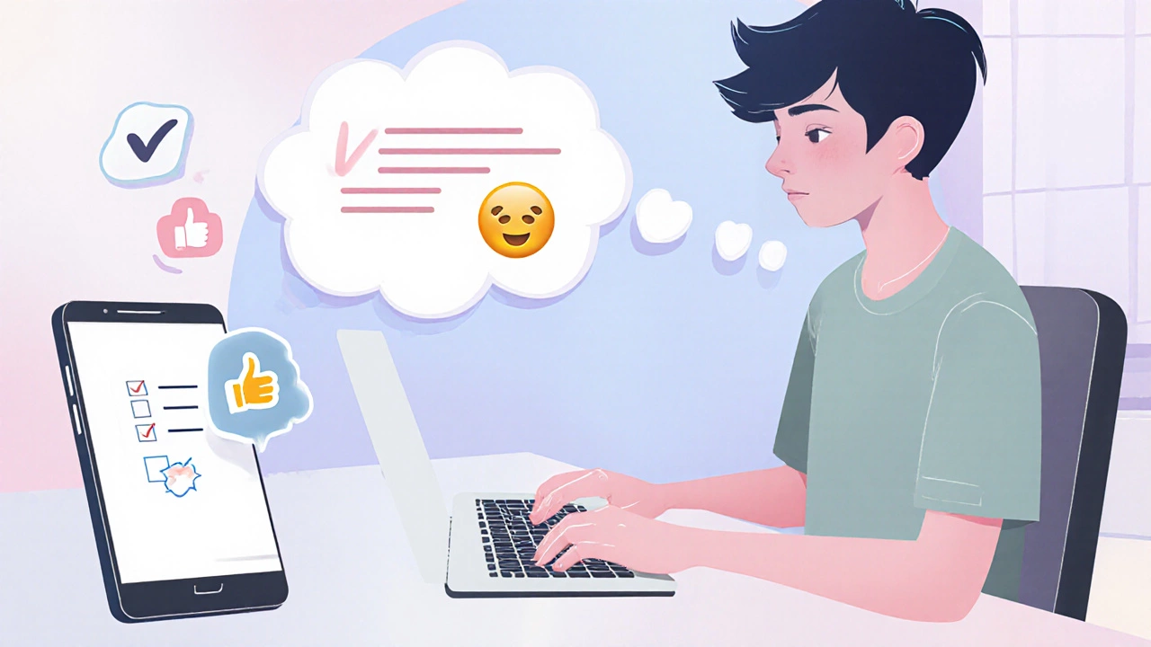 Person drafting a WhatsApp caption with emojis and reaction icons nearby.