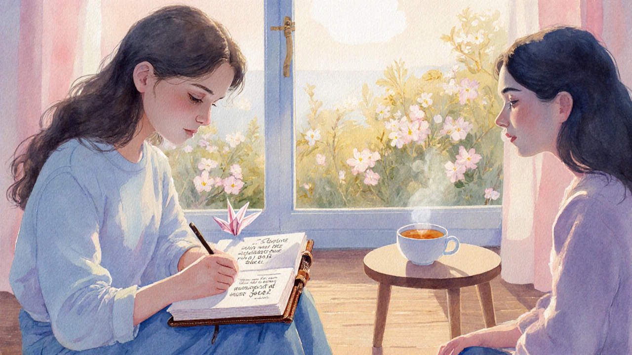 Person journaling by sunrise, sharing a quote with a friend, symbolizing emotional healing.