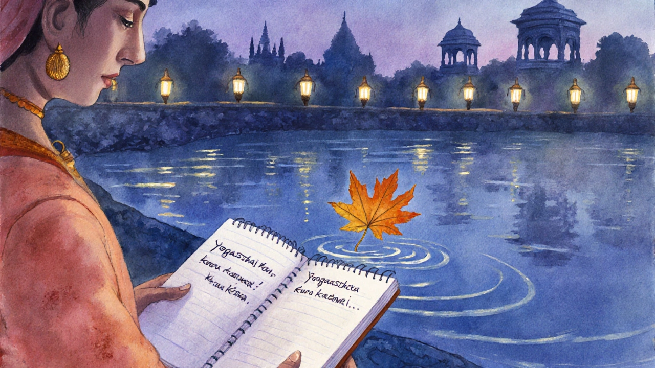 Person releasing a leaf into a dusk river while reading a Gita verse on a notebook.