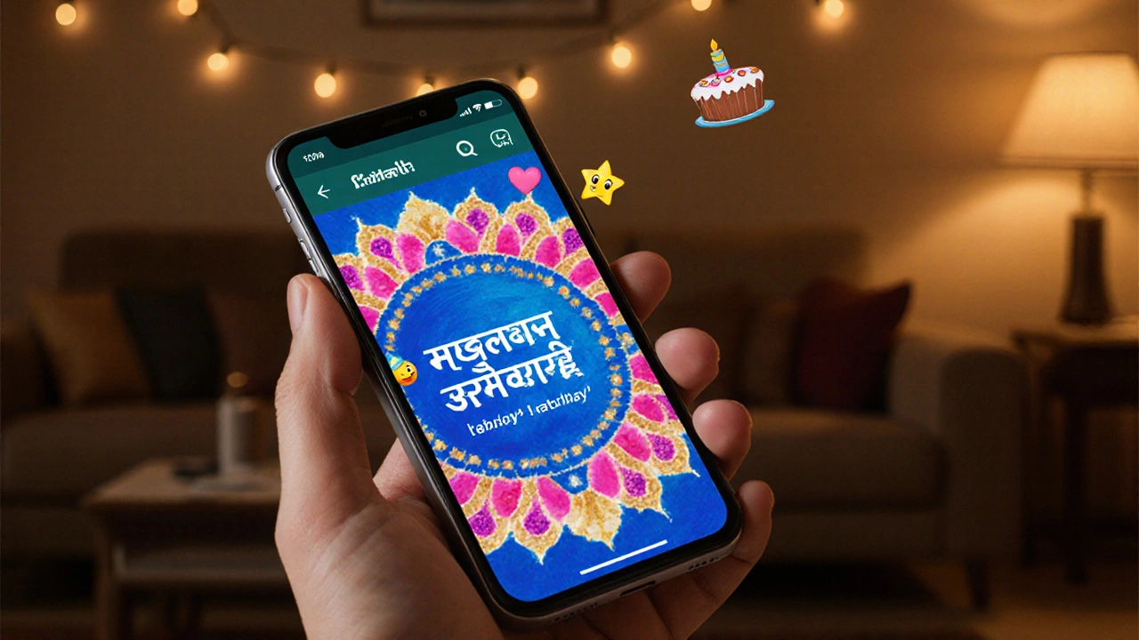 Smartphone showing a bilingual WhatsApp birthday status over a colorful rangoli background.