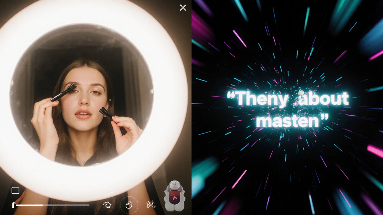 Split scene of a girl filming a video with colorful glowing text effects overlay.