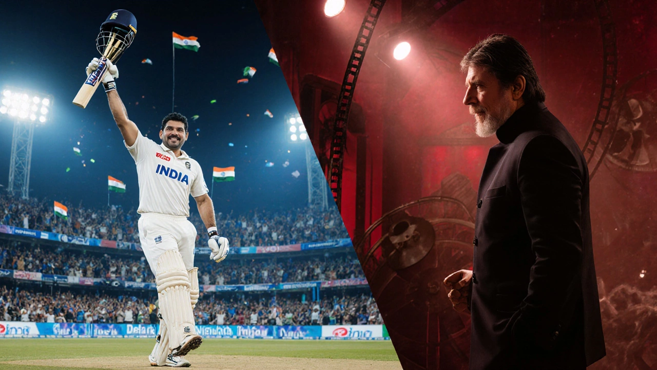 Split scene of MS Dhoni holding a trophy and Amitabh Bachchan on a film set.