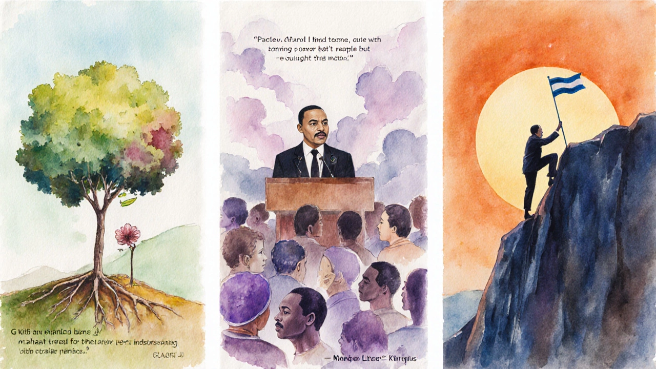 Three watercolor panels showing Gandhi with a growing tree, MLK with dream clouds, Mandela climbing a cliff.