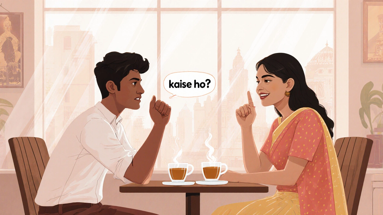 Two friends chatting in a café, one asking &quot;Kaise ho?&quot; with chai.