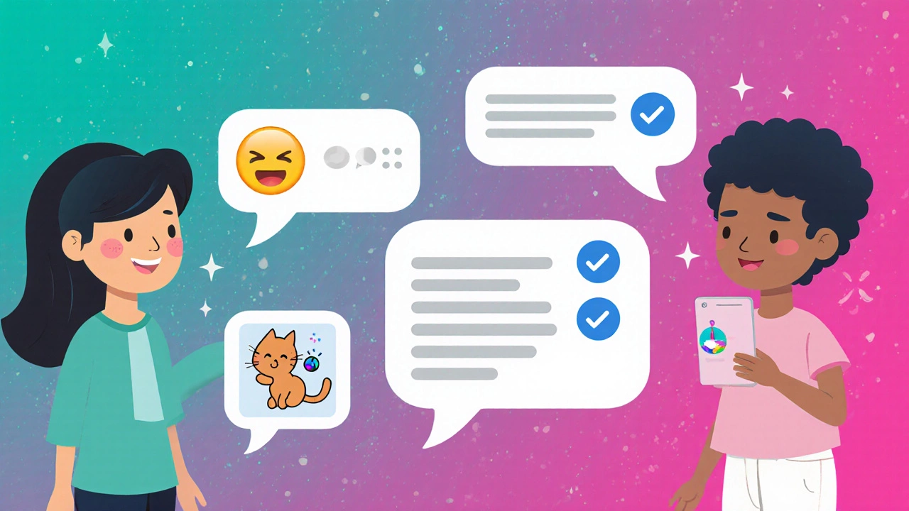 Vector chat view with emojis, a cat GIF, typing dots, and blue read receipts.