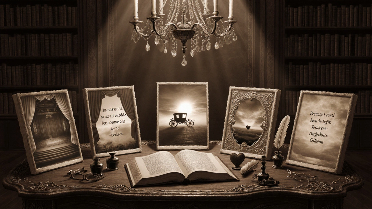 Vintage library scene with open books visualizing famous sad literary quotes.
