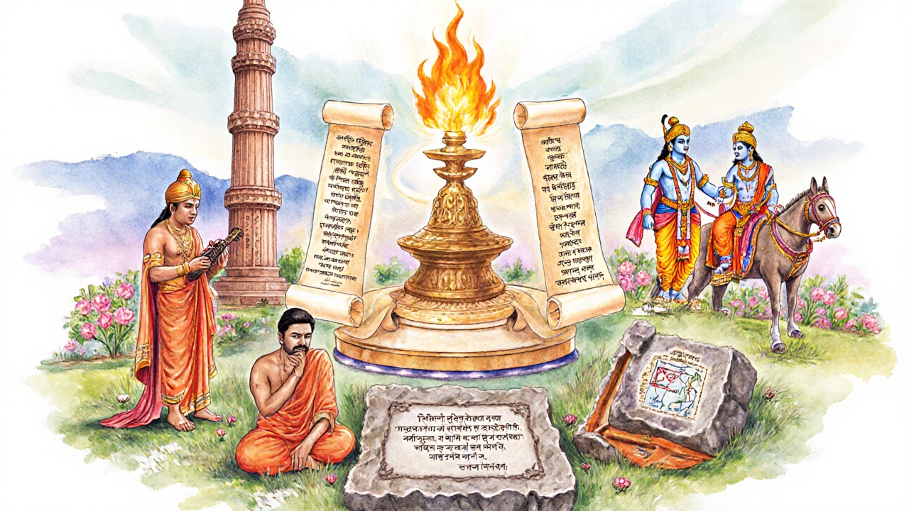 Watercolor collage of sources: fire altar, scrolls, Krishna and Arjuna, stone tablet, Chanakya with map, poet in garden, Ashoka pillar.