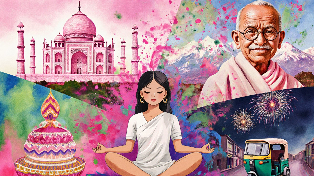 Watercolor collage of Taj Mahal, yoga pose, Holi powder, Diwali fireworks, and Gandhi.