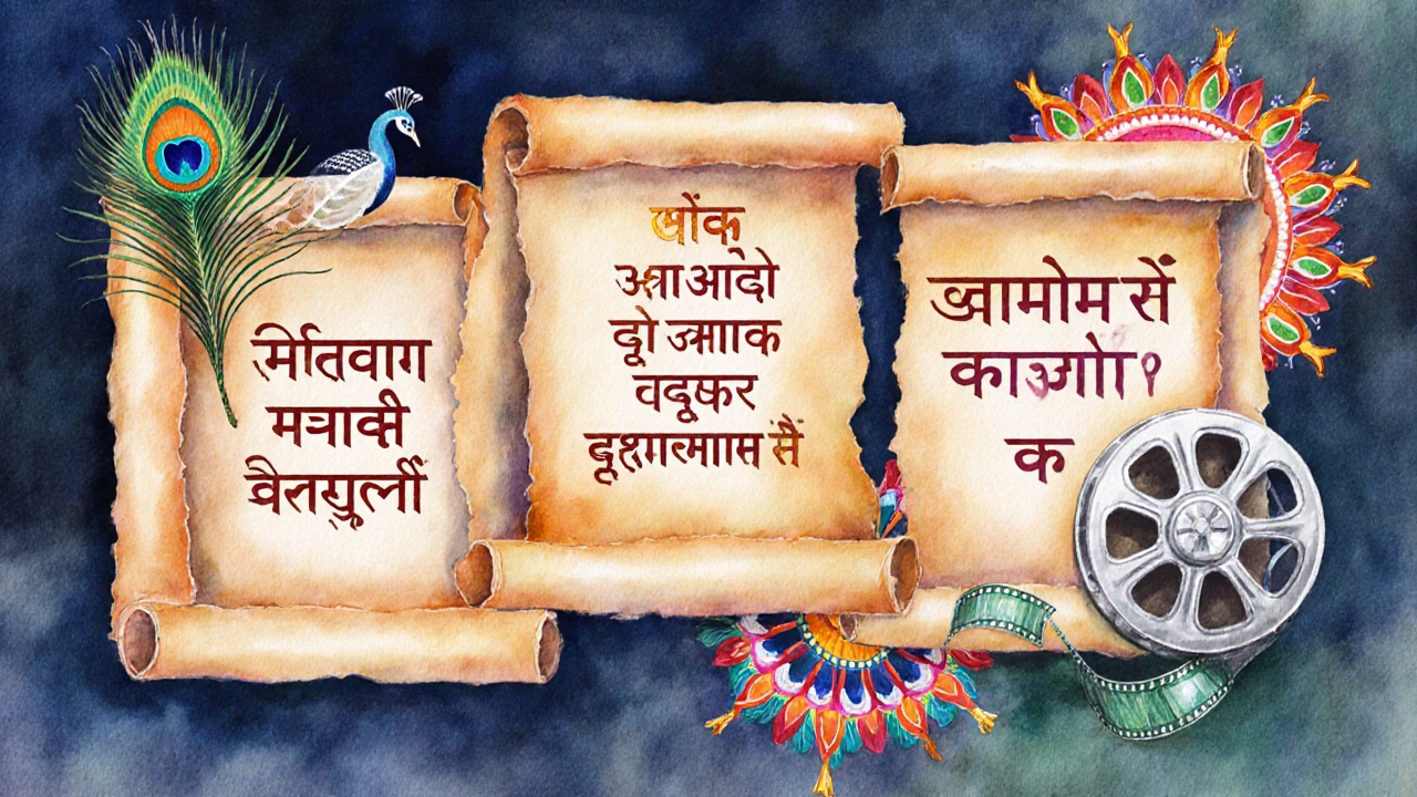 Watercolor scrolls showing Hindi, Sanskrit, and English birthday wishes surrounded by Indian motifs.