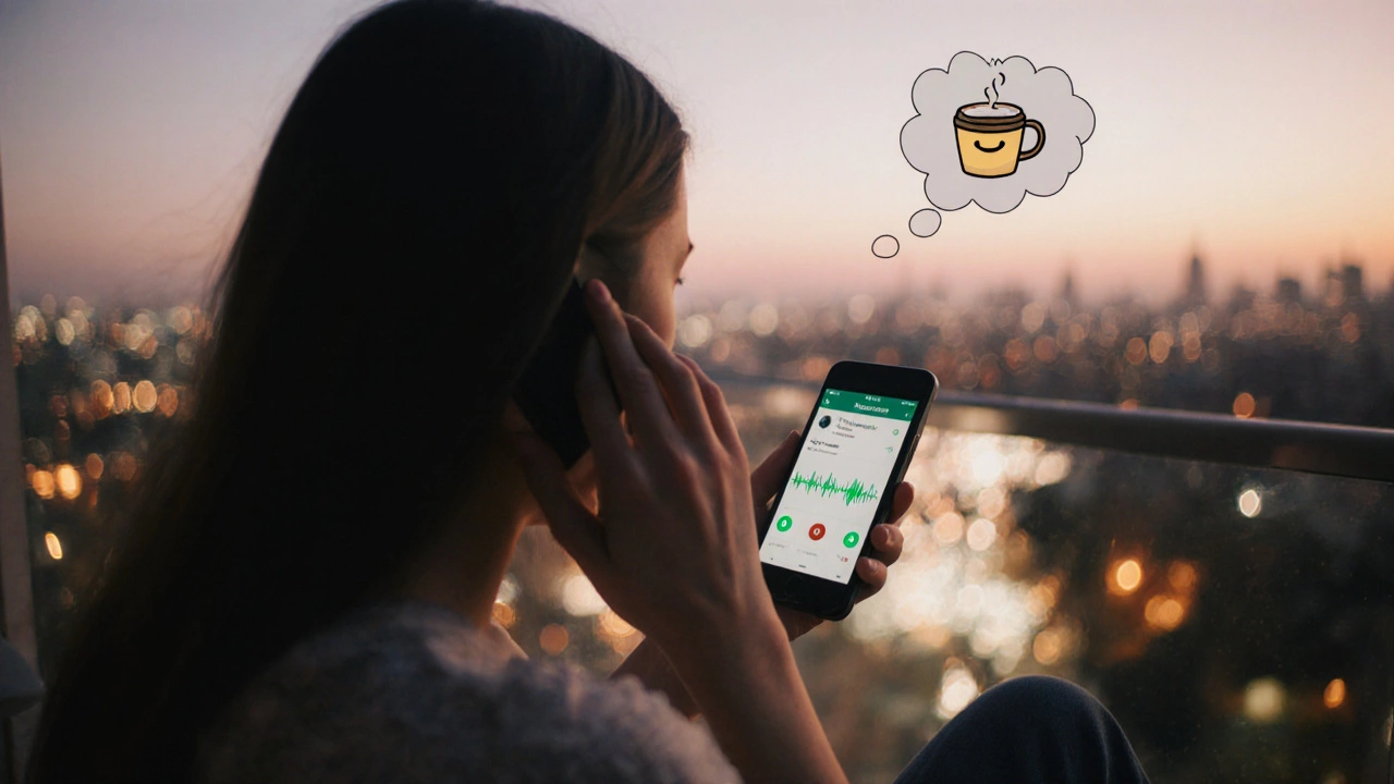 Woman on balcony at dusk sending a WhatsApp voice note, with coffee thought bubble.