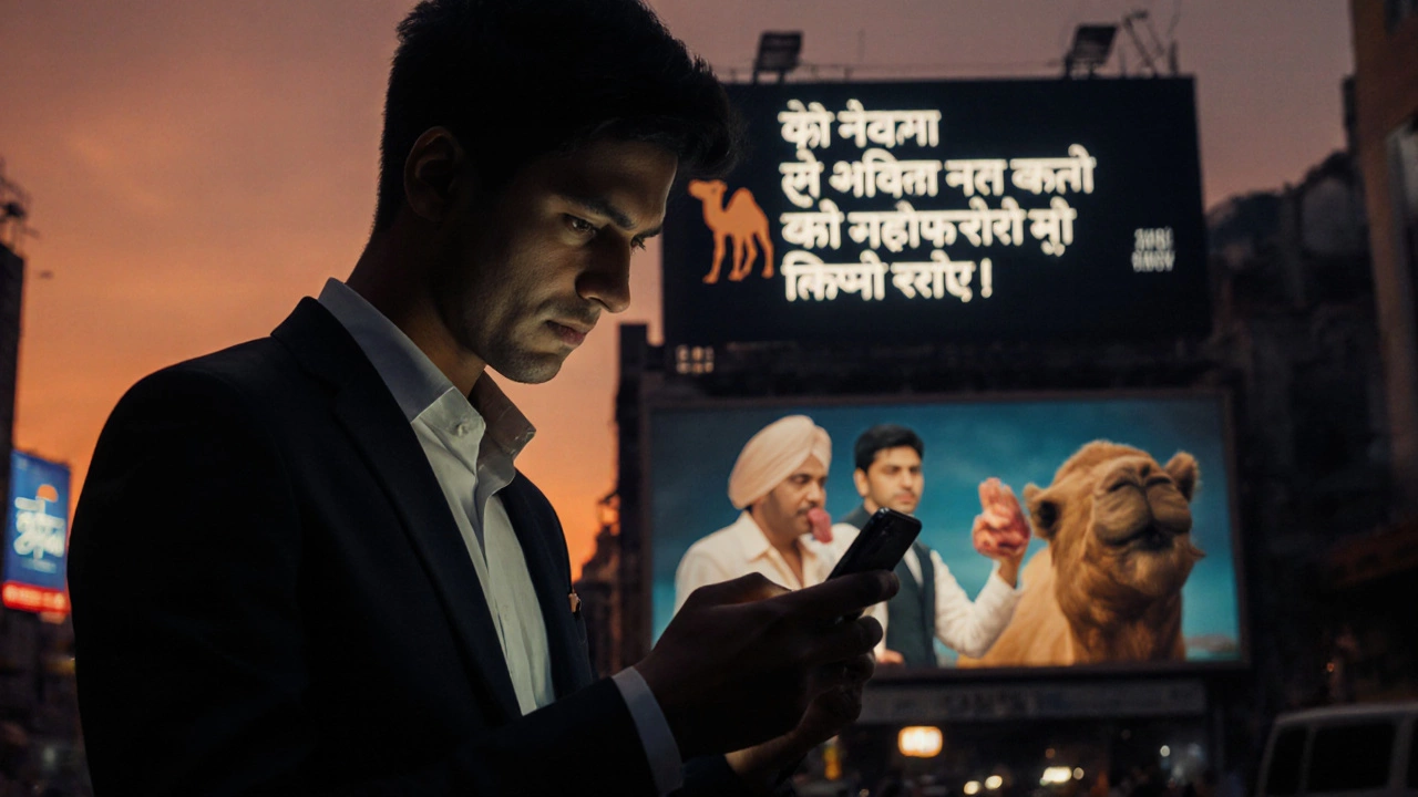 Young professional viewing phone, Bollywood set, and billboard with camel silhouette at dusk.