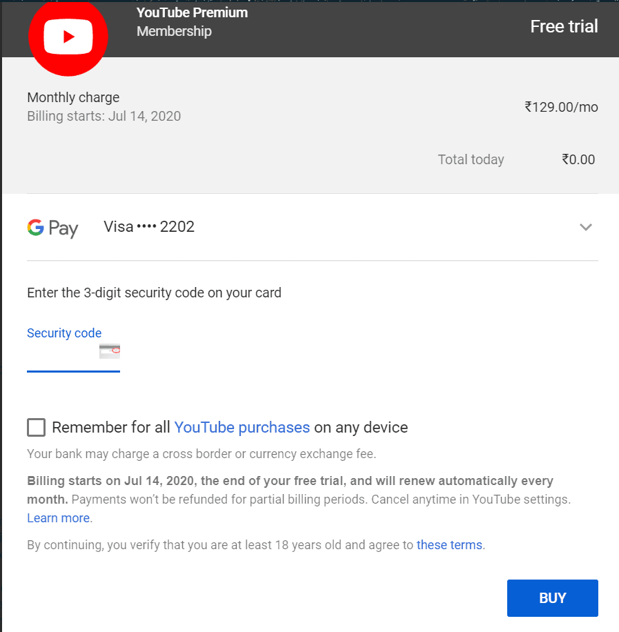 youtube premium cost india